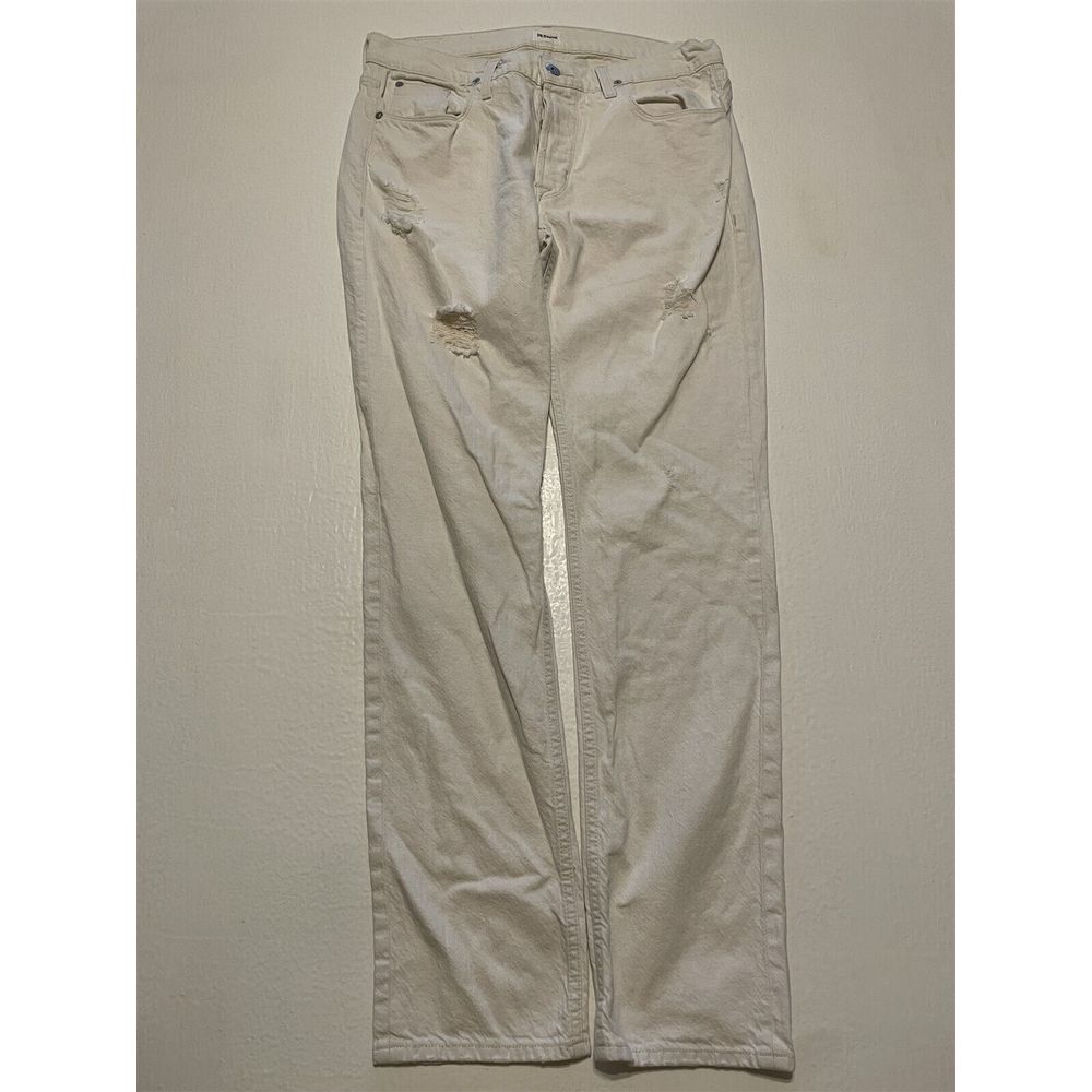 Hudson 34 X 34 Sartor Slouchy Skinny Destroyed White Cotton & Linen Denim Jeans